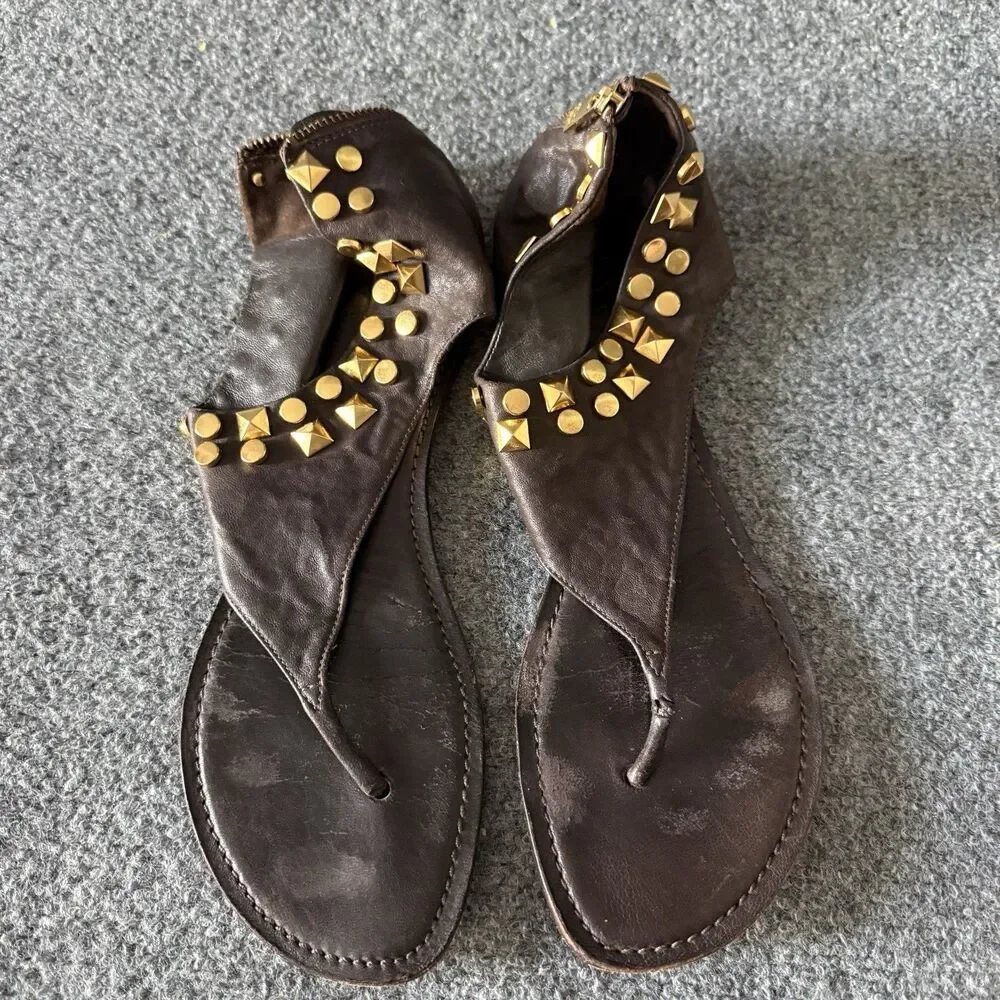 Tory Burch Leather Studded Gladiator Sandal Thong Cuff Ankle Wrap Brown Size 10M
